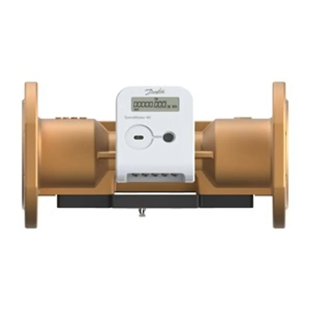 Wärmezähler von Danfoss mit digitalem Display in kompaktem Design und Anschlüssen an beiden Seiten. Ideal für die Messung von Wärmeenergie in Heizsystemen.
